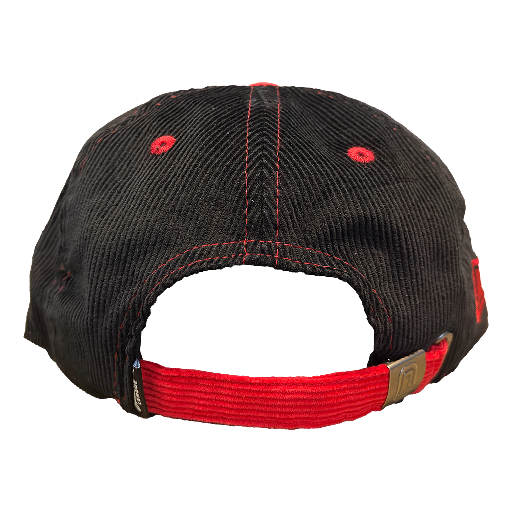 The Barbarians of California's "Logo" design, embroidered on a black and red adjustable flat brim official league hat. Sewn patches on both sides featuring the MEGATONS logo and blimp design.