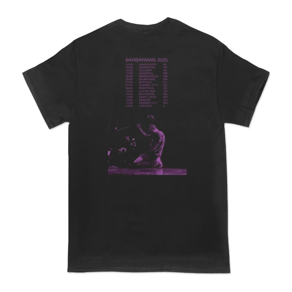 The Barbarians of California's "Purple Ink Tour" design, printed on the front and back of a black American Apparel.