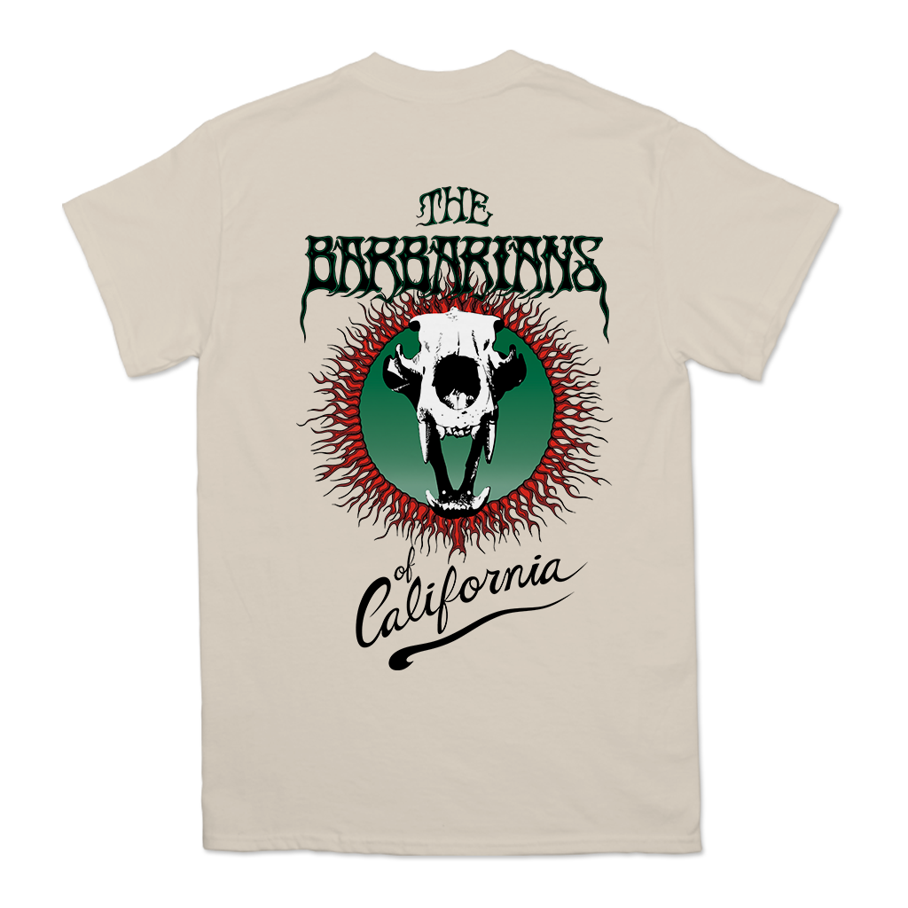 The Barbarians of California's "Bear Skull" design, printed on the front and back of a ivory Comfort Colors tee.