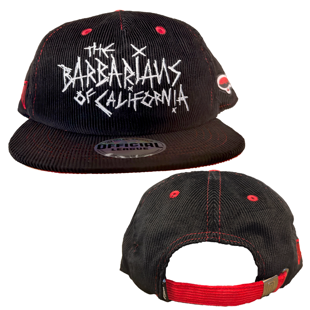 The Barbarians of California's "Logo" design, embroidered on a black and red adjustable flat brim official league hat. Sewn patches on both sides featuring the MEGATONS logo and blimp design.