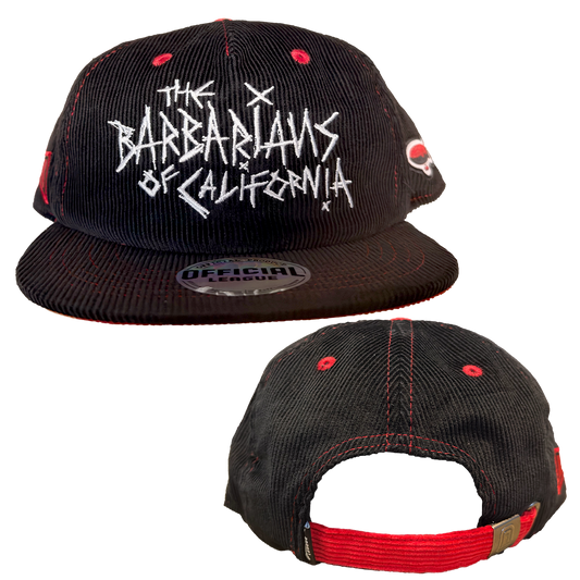 The Barbarians of California's "Logo" design, embroidered on a black and red adjustable flat brim official league hat. Sewn patches on both sides featuring the MEGATONS logo and blimp design.