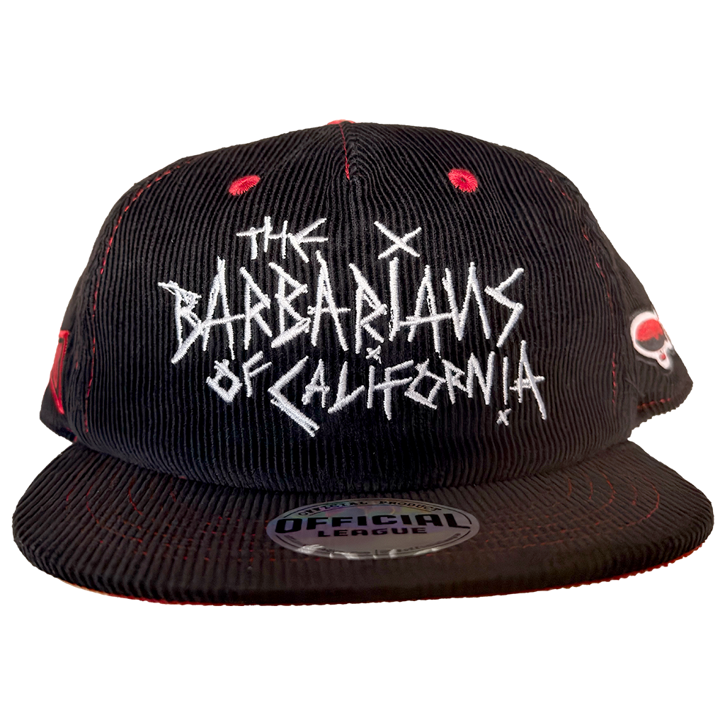 The Barbarians of California's "Logo" design, embroidered on a black and red adjustable flat brim official league hat. Sewn patches on both sides featuring the MEGATONS logo and blimp design.