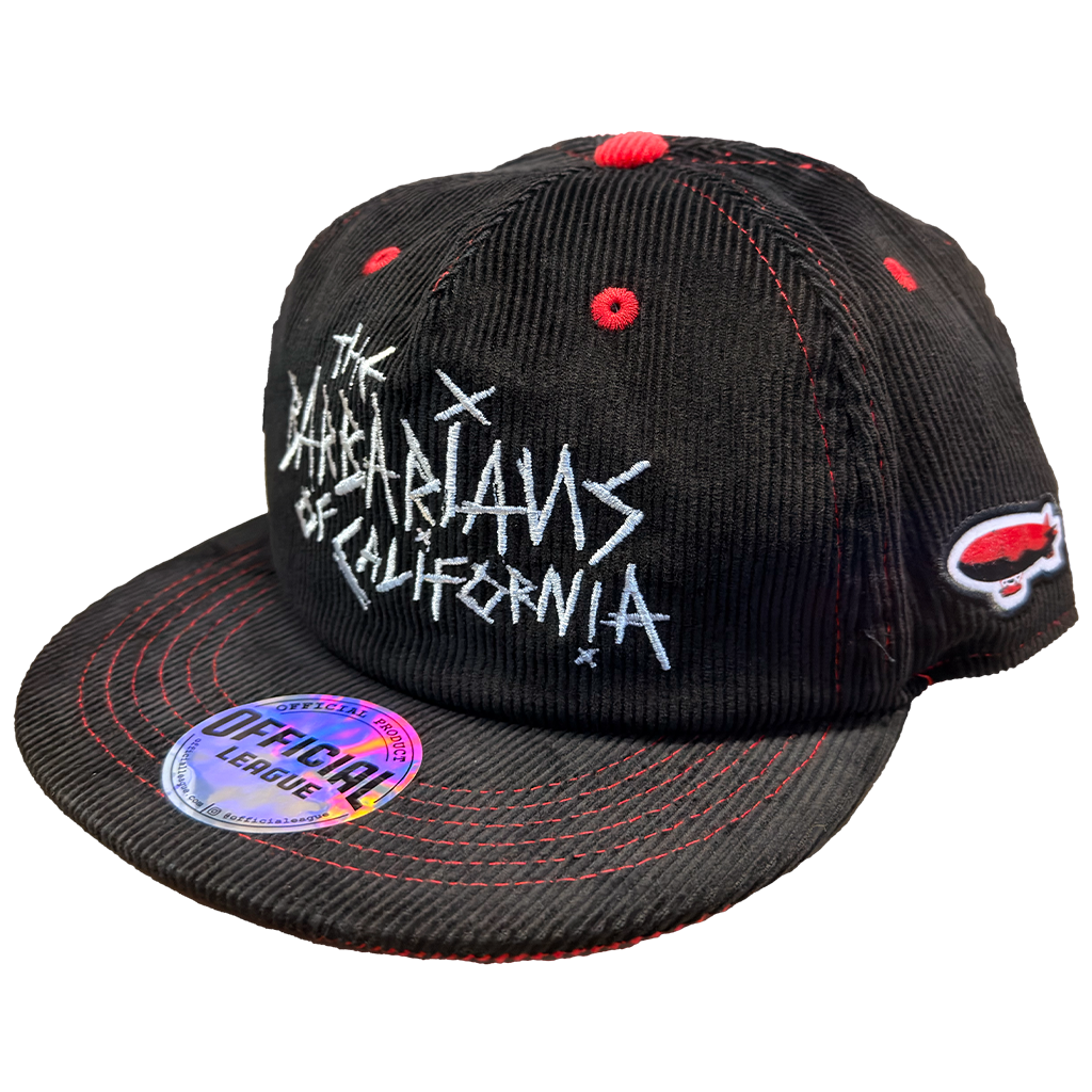 The Barbarians of California's "Logo" design, embroidered on a black and red adjustable flat brim official league hat. Sewn patches on both sides featuring the MEGATONS logo and blimp design.