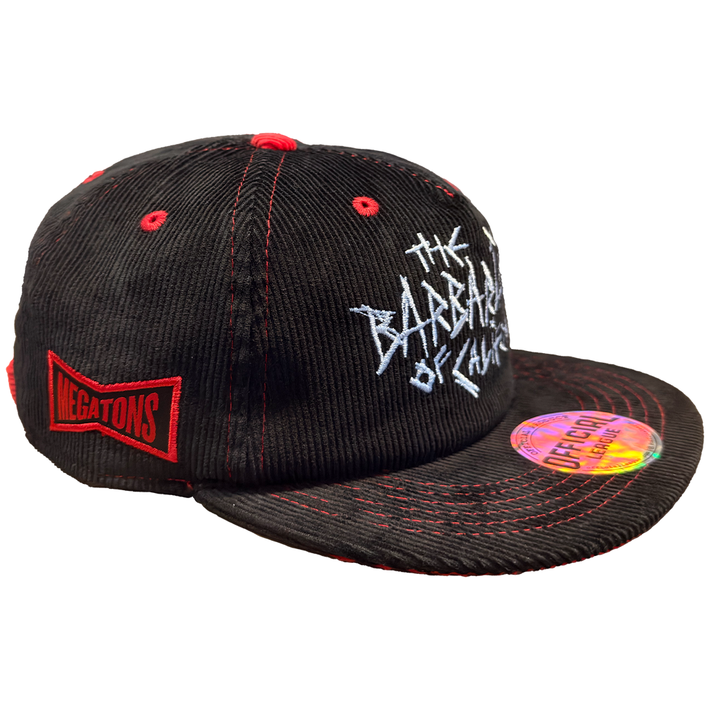 The Barbarians of California's "Logo" design, embroidered on a black and red adjustable flat brim official league hat. Sewn patches on both sides featuring the MEGATONS logo and blimp design.