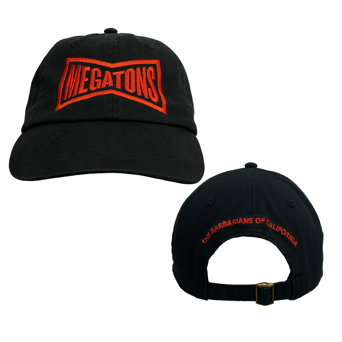 The Barbarians of California's "MEGATONS" design, embroidered on a black adjustable hat.