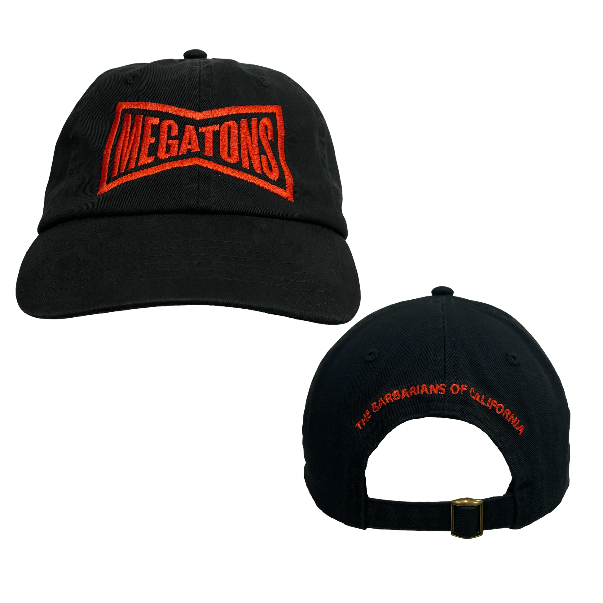 The Barbarians of California's "MEGATONS" design, embroidered on a black adjustable hat.
