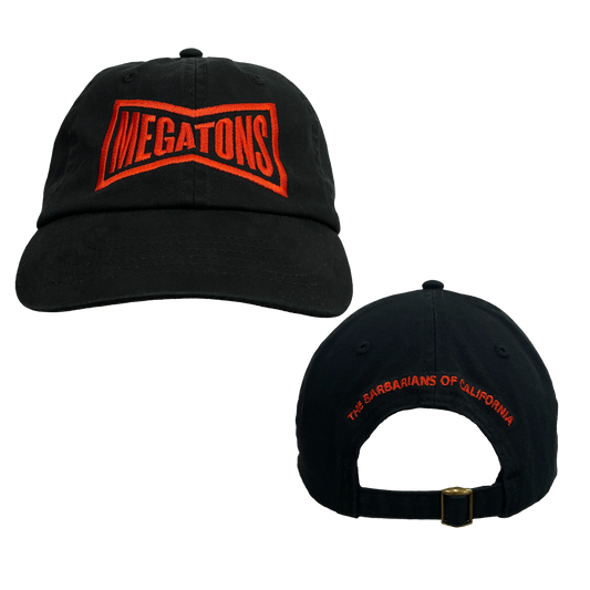 The Barbarians of California's "MEGATONS" design, embroidered on a black adjustable hat.