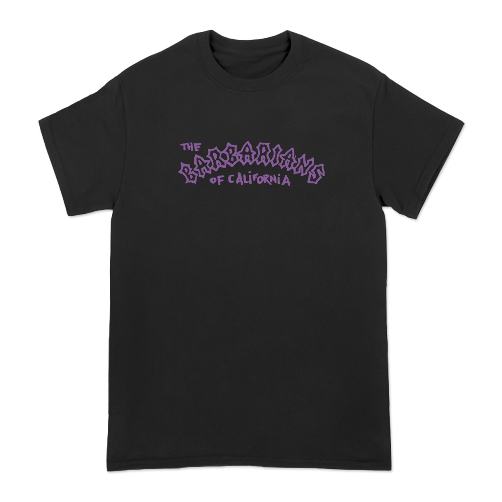 The Barbarians of California's "Purple Ink Tour" design, printed on the front and back of a black American Apparel.