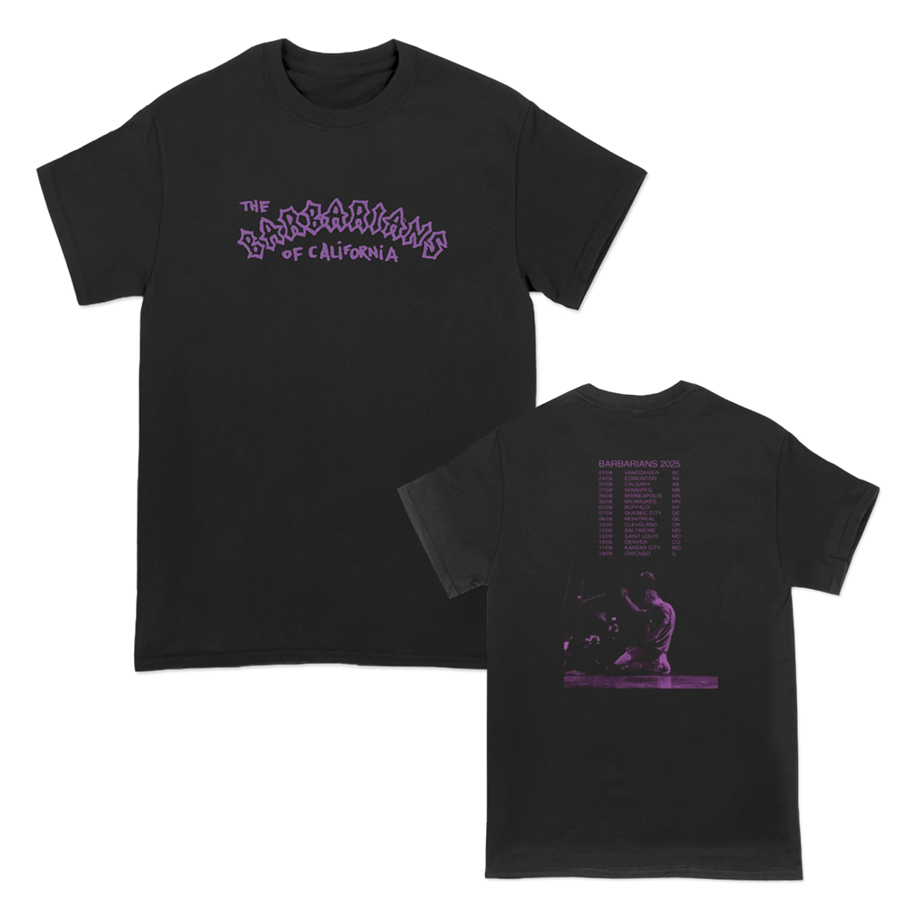 The Barbarians of California's "Purple Ink Tour" design, printed on the front and back of a black American Apparel.