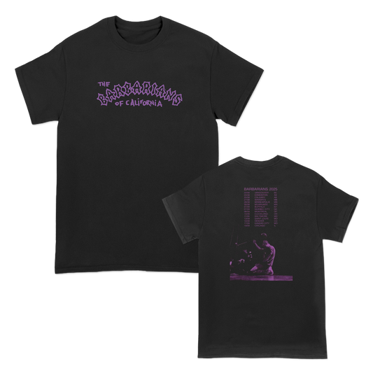 The Barbarians of California's "Purple Ink Tour" design, printed on the front and back of a black American Apparel.
