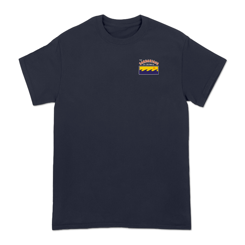 The Barbarians of California's "And Now I'm Just Gnashing My Teeth Album Cover" design, printed on the front and back of a navy American Apparel tee.