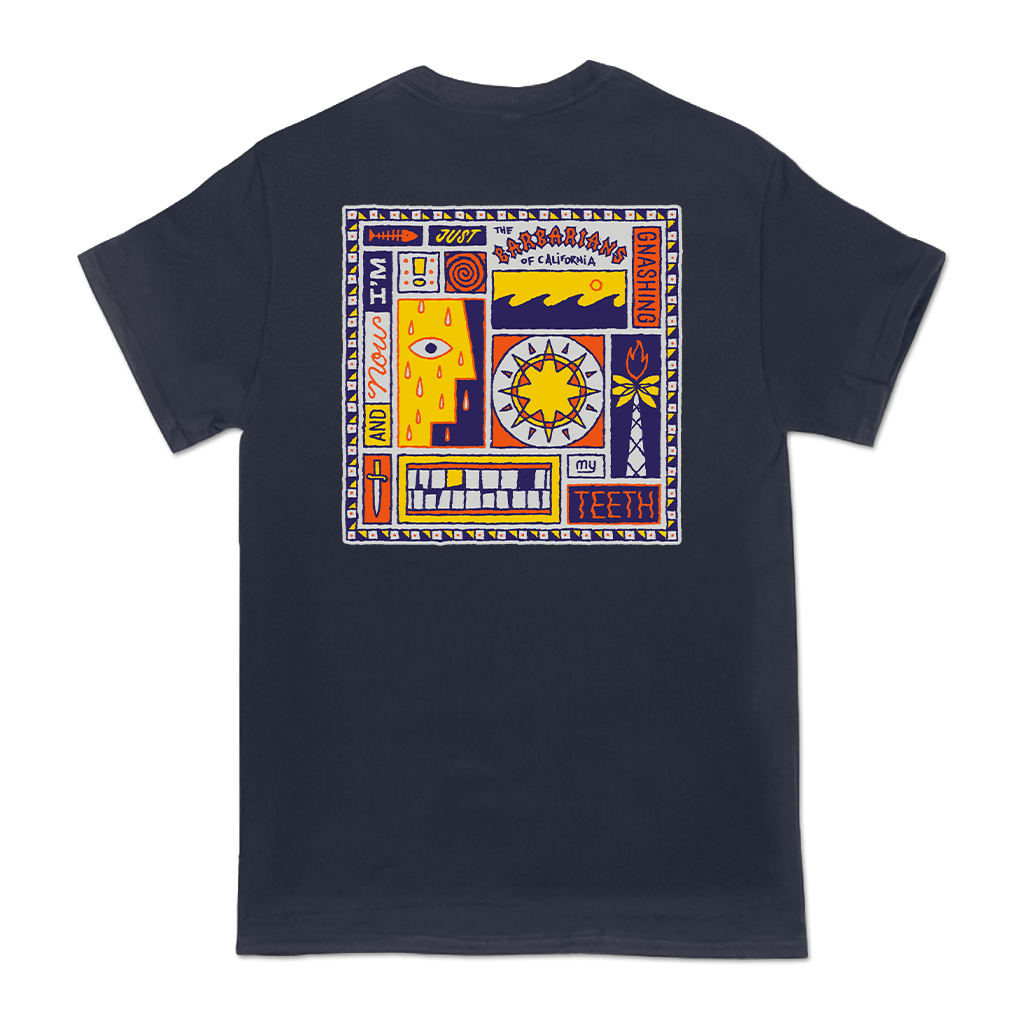 The Barbarians of California's "And Now I'm Just Gnashing My Teeth Album Cover" design, printed on the front and back of a navy American Apparel tee.