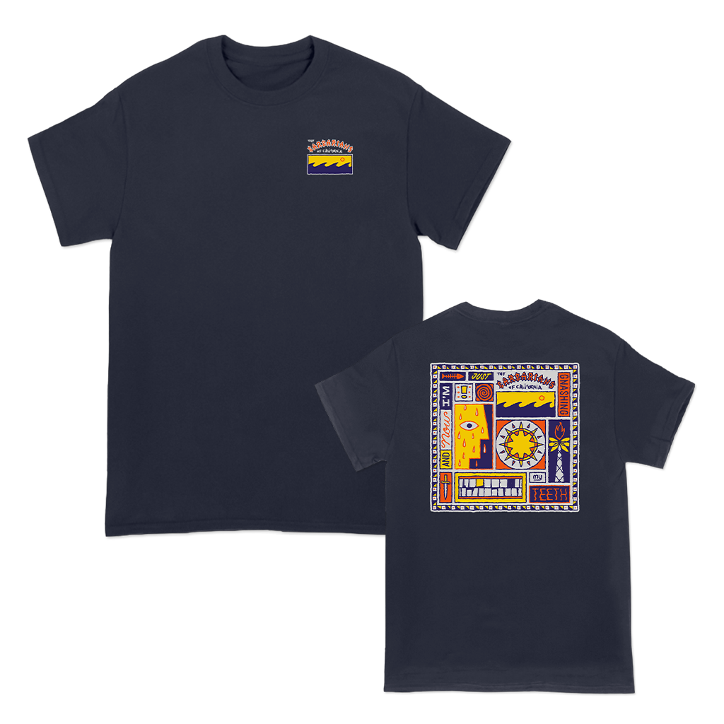 The Barbarians of California's "And Now I'm Just Gnashing My Teeth Album Cover" design, printed on the front and back of a navy American Apparel tee.