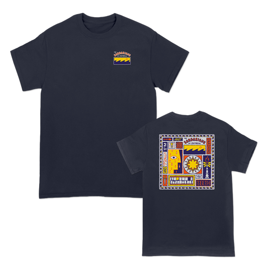 The Barbarians of California's "And Now I'm Just Gnashing My Teeth Album Cover" design, printed on the front and back of a navy American Apparel tee.