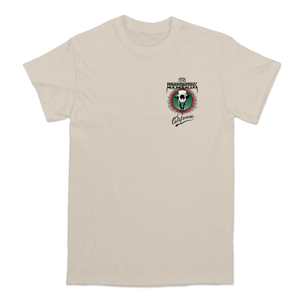 The Barbarians of California's "Bear Skull" design, printed on the front and back of a ivory Comfort Colors tee.