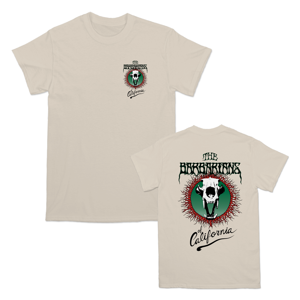 The Barbarians of California's "Bear Skull" design, printed on the front and back of a ivory Comfort Colors tee.
