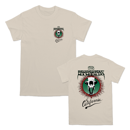 The Barbarians of California's "Bear Skull" design, printed on the front and back of a ivory Comfort Colors tee.