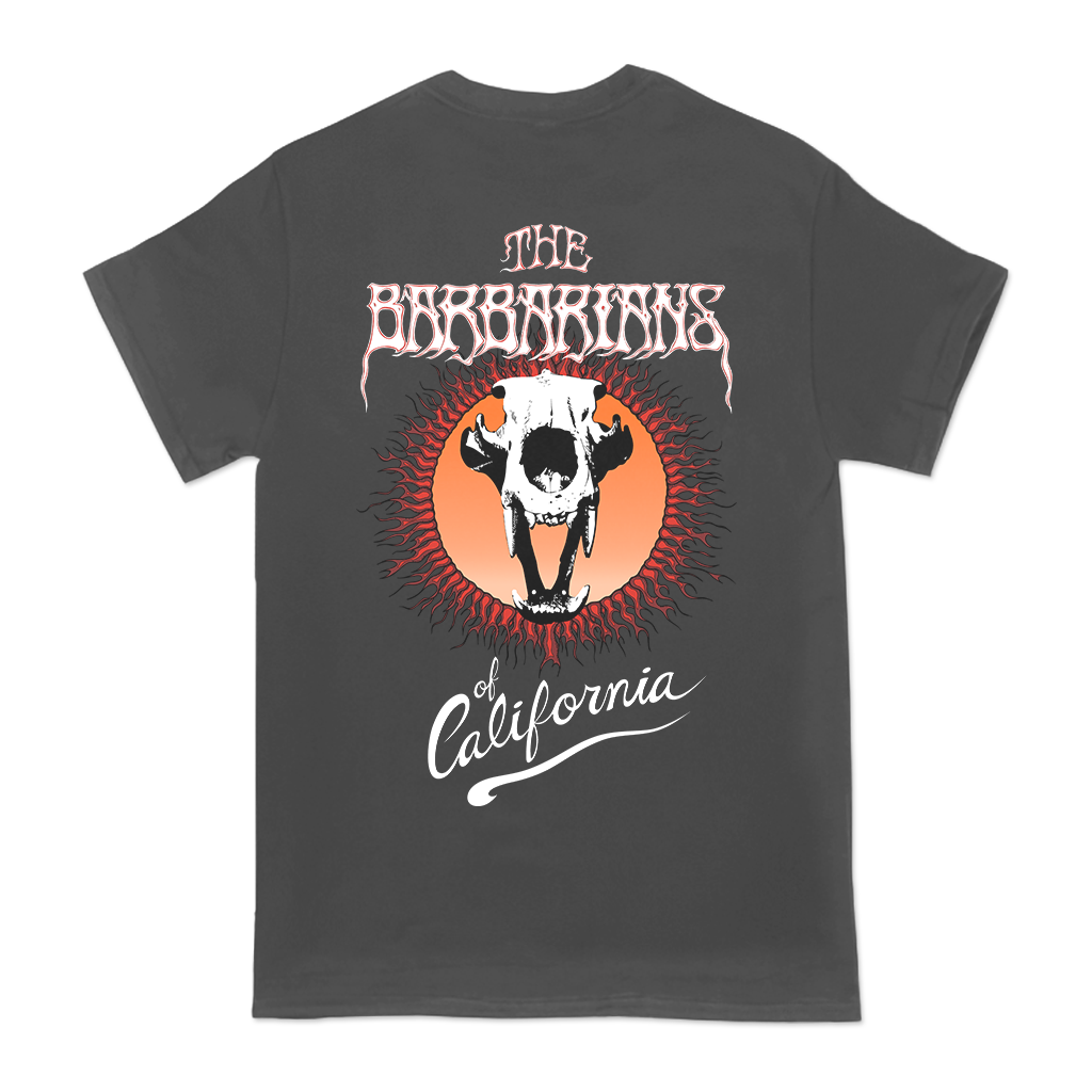 The Barbarians of California's "Bear Skull" design, printed on the front and back of a pepper Comfort Colors tee.