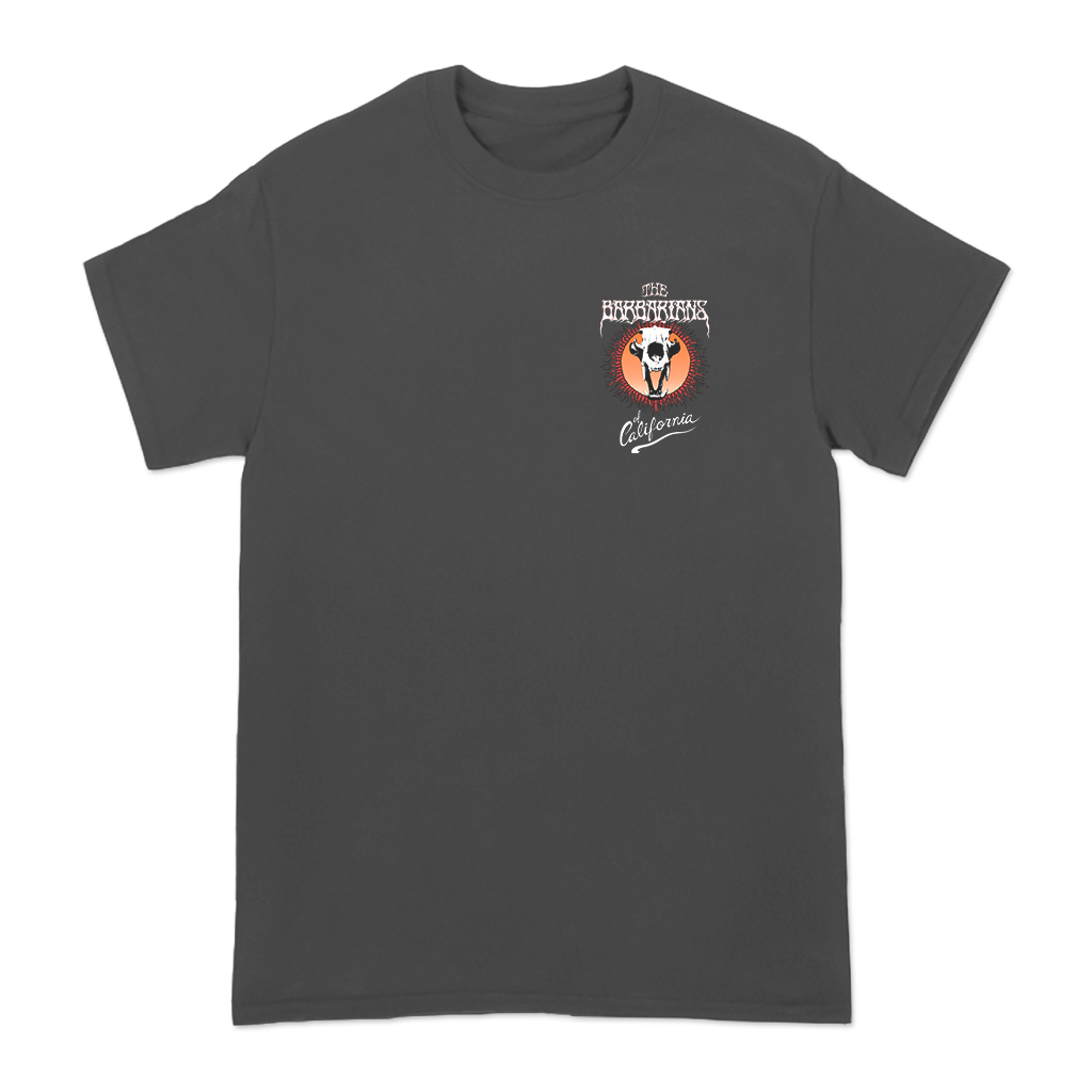 The Barbarians of California's "Bear Skull" design, printed on the front and back of a pepper Comfort Colors tee.