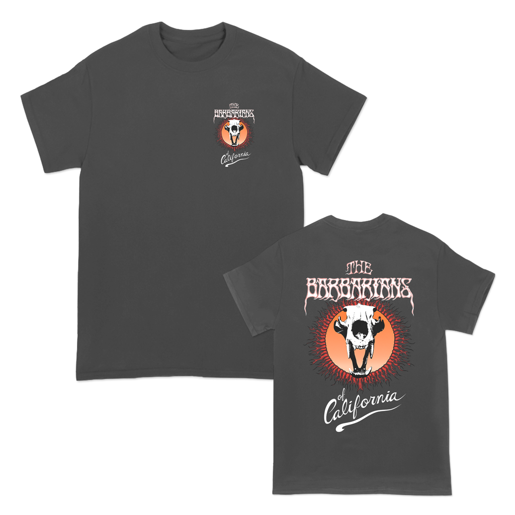 The Barbarians of California's "Bear Skull" design, printed on the front and back of a pepper Comfort Colors tee.
