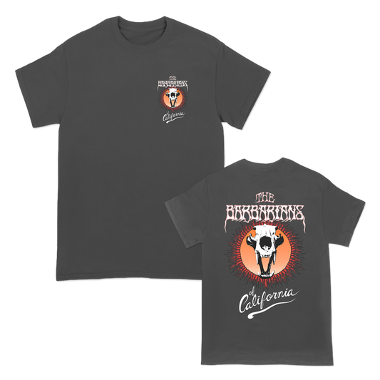 The Barbarians of California's "Bear Skull" design, printed on the front and back of a pepper Comfort Colors tee.