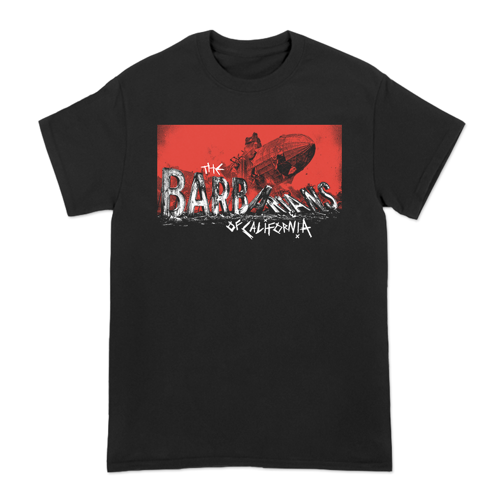 The Barbarians of California's "Crash" design, printed on the front and back of a black Comfort Colors tee.