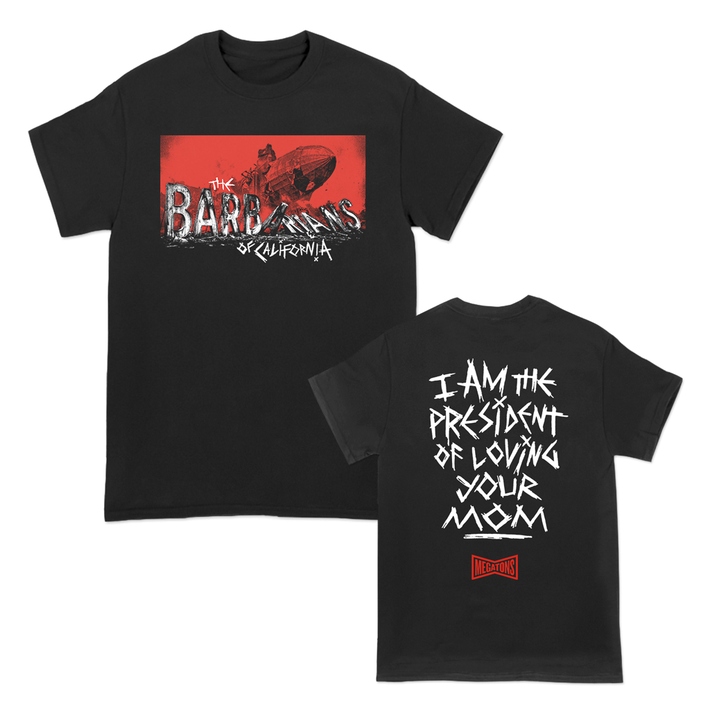 The Barbarians of California's "Crash" design, printed on the front and back of a black Comfort Colors tee.