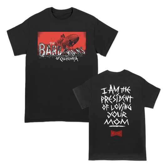 The Barbarians of California's "Crash" design, printed on the front and back of a black Comfort Colors tee.