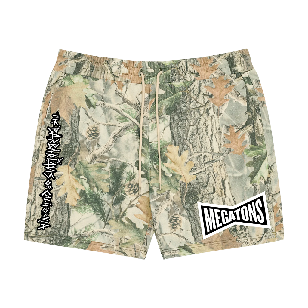 The Barbarians of California's "Megatons" design, printed on the front of Cotton Collective volley shorts