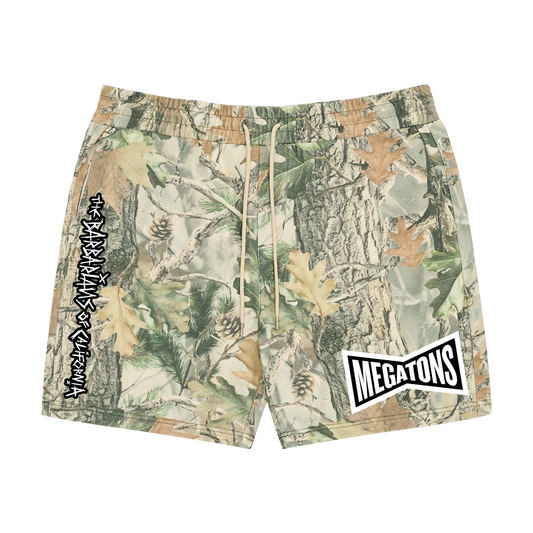 The Barbarians of California's "Megatons" design, printed on the front of Cotton Collective volley shorts
