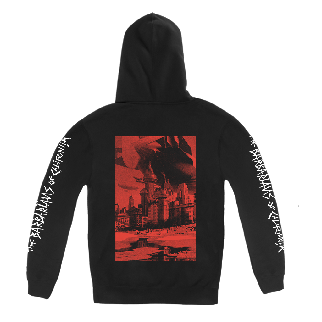 The Barbarians of California's "Megatons" design, printed on the front, back and both sleeves of a black independent pull hood.