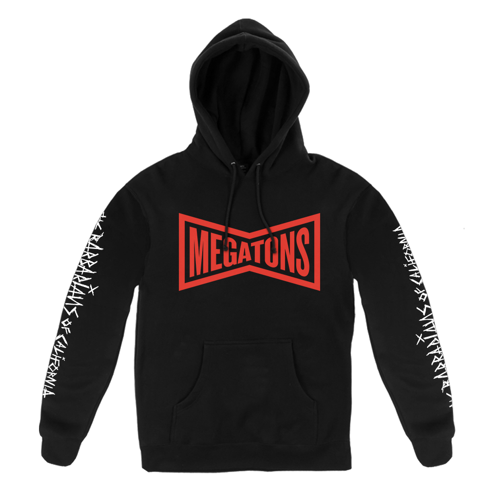 The Barbarians of California's "Megatons" design, printed on the front, back and both sleeves of a black independent pull hood.
