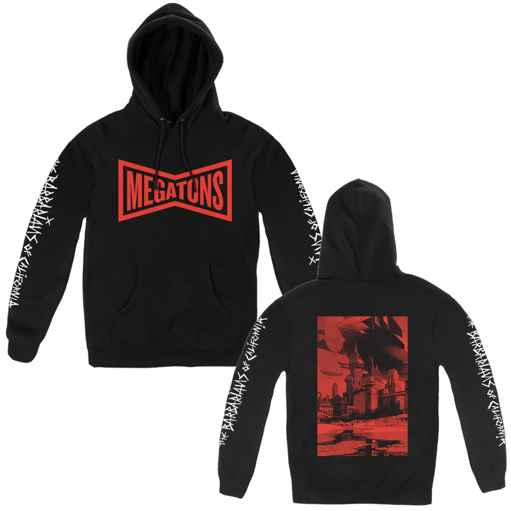 The Barbarians of California's "Megatons" design, printed on the front, back and both sleeves of a black independent pull hood.