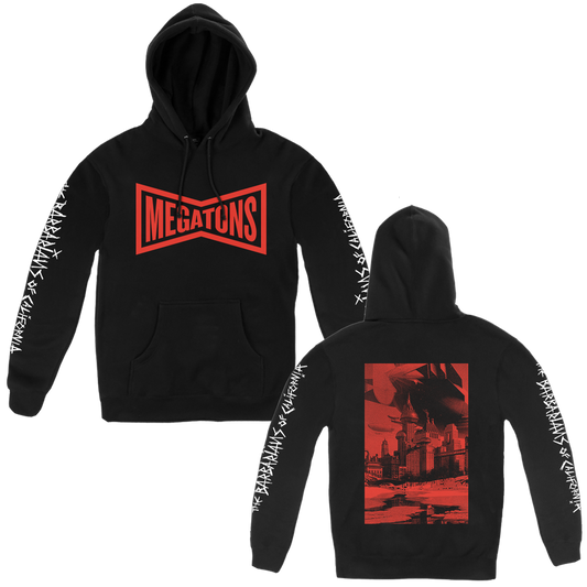 The Barbarians of California's "Megatons" design, printed on the front, back and both sleeves of a black independent pull hood.