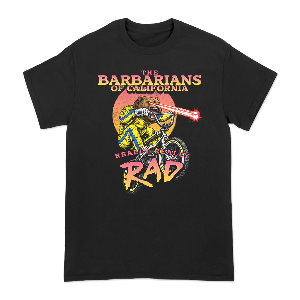 The Barbarians of California's "Really Really Rad" design, printed on the front of a black Comfort Colors tee.